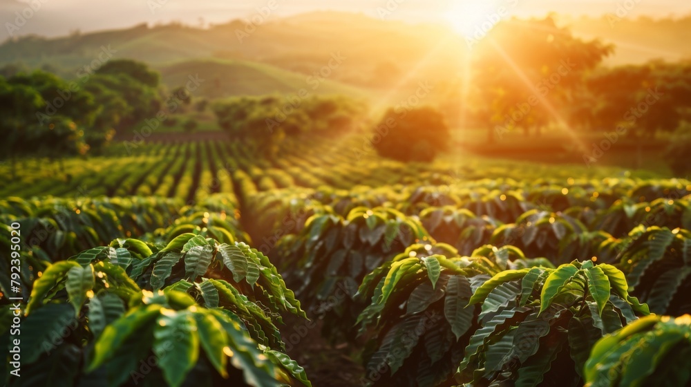 A vibrant coffee plantation with rows of coffee trees stretching to the horizon, basking in the sunlight and ready for harvest. - obrazy, fototapety, plakaty 