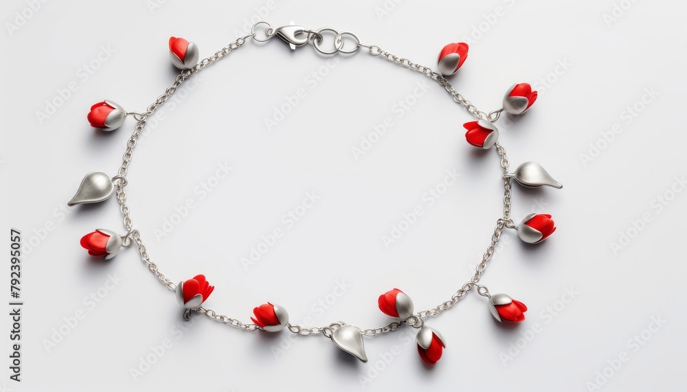 Playful and chic silver anklet with cheerful bright red tulips, presented on a soft gray backdrop to highlight the color pop Playful and chic silver anklet with cheerful bright red tulips, presented on a soft gray backdrop to highlight the color pop