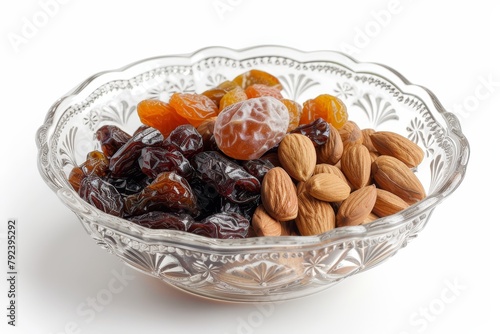 Mixed nuts and dried fruit displayed in a glass bowl on a white table