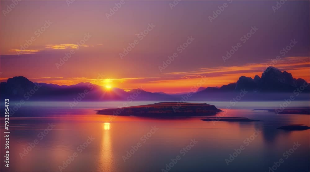 Sunset over mountains and river, painting the sky with shades of orange and blue, in a breathtaking display of nature's beauty. Mountain Horizon Embracing Sun's Glow Sunset over mountains and river, painting the sky with shades of orange and blue, in a breathtaking display of nature's beauty. Mountain Horizon Embracing Sun's Glow