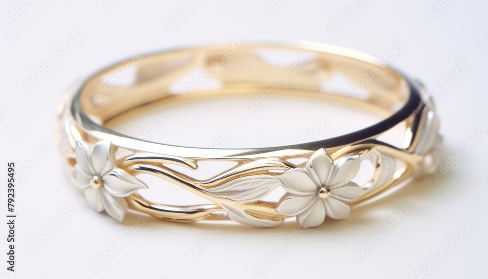 Luxurious presentation of a silver bangle with soft white lily motifs, arranged on a plush white velvet surface for a sophisticated effect Luxurious presentation of a silver bangle with soft white lily motifs, arranged on a plush white velvet surface for a sophisticated effect