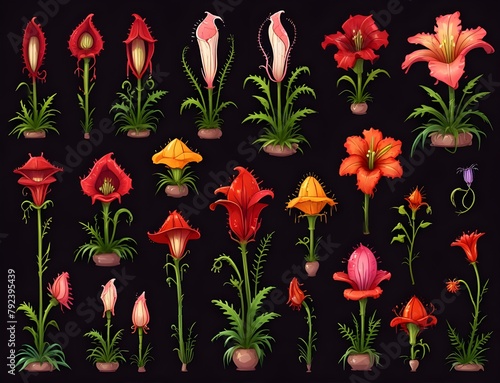 Carnivorous plant set, monster plants. Vector fantasy scary flower icons. Cartoon flytraps or flower predators. Angry flowers with teeth.
