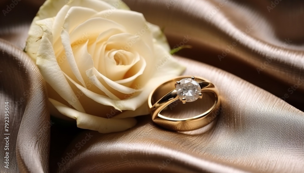 Luxurious presentation of a romantic gold ring with a rose detail, arranged on a satin gold fabric to enhance its opulent appeal Luxurious presentation of a romantic gold ring with a rose detail, arranged on a satin gold fabric to enhance its opulent appeal