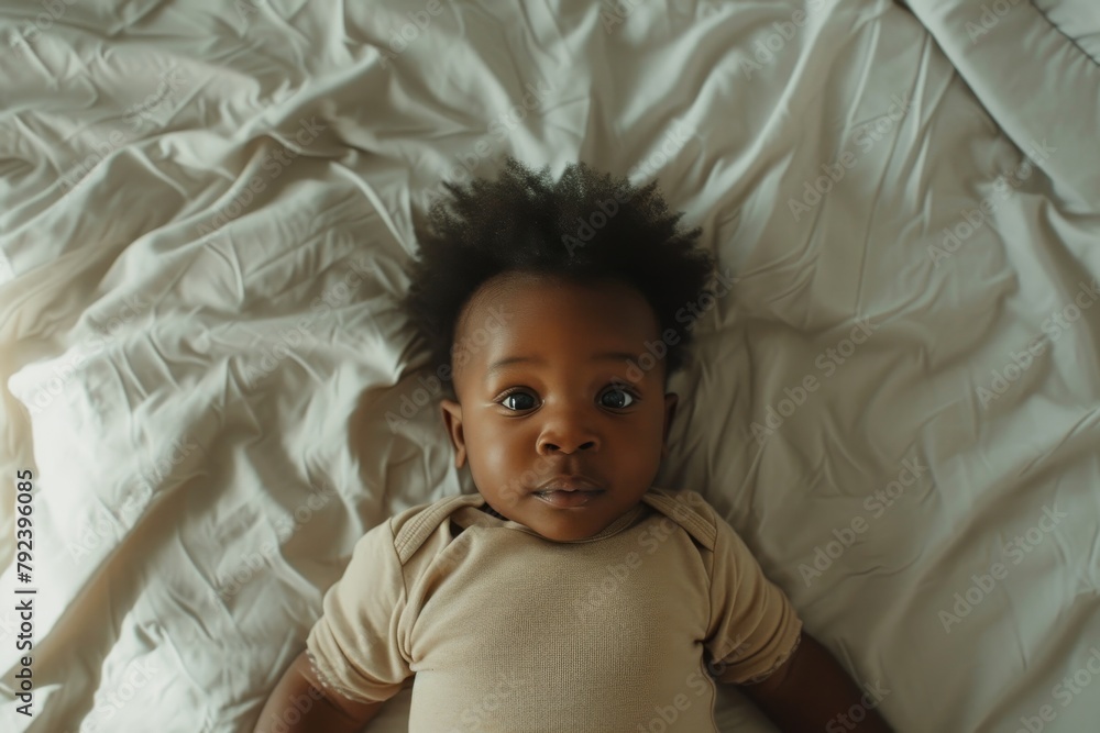 Overhead shot of small black infant resting on bed in residence Overhead shot of small black infant resting on bed in residence