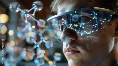 Closeup of a student using AR glasses to visualize molecules and atoms in 3D space. They rotate and interact with the structures gaining a deeper understanding of chemistry concepts .