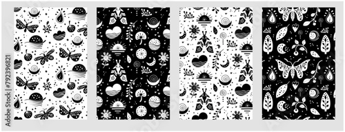 Seamless neo folk pattern with butterfly, moth and flowers, black and white floral design. Set Neo folk style endless backgrounds perfect for textile design. photo