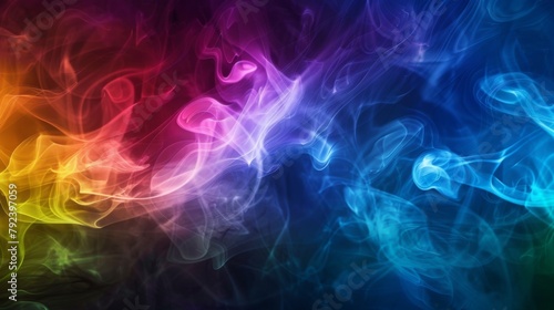 Abstract background of swirling rainbow-colored smoke against a dark backdrop  creating a sense of mystery
