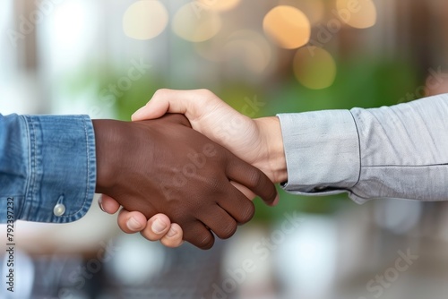 Multi ethnic partners shake hands to show respect before negotiations boss and applicant successfully conclude job interview signifying a positive first impressi photo