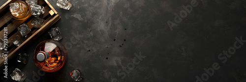  Top view of wine bottle, vodka bottle, ice cube, beer, and corkscrew on wooden tray and black background ,Fresh beer and ingredients. On the black chalkboard. and space for text background 