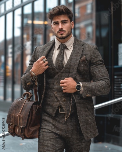 A man in a tailored threepiece suit standing in front of a corporate building, looking confident with a smartwatch and leather briefcase photo