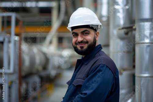 Muslim male engineer with beard in hard hat and uniform checks project with tablet in modern workspace