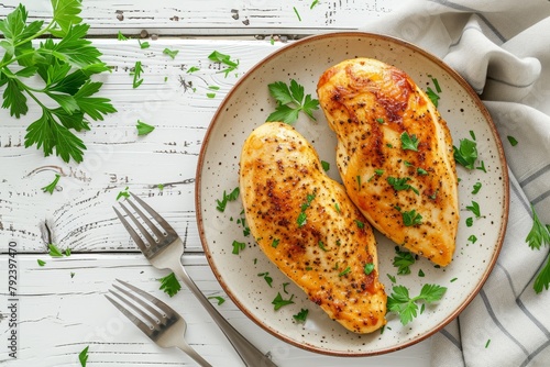 Mustard and herb coated chicken breast on a white table with cutlery viewed from above photo