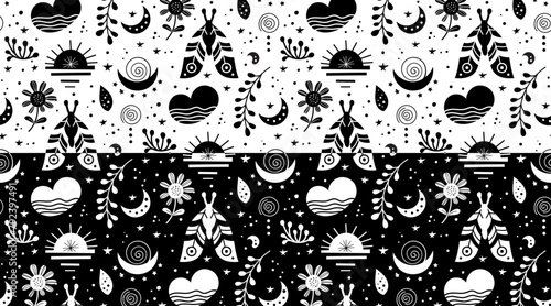 Seamless neo folk patterns set with butterfly, moth and flowers, black and white floral design. Set Neo folk style endless backgrounds perfect for textile design. photo