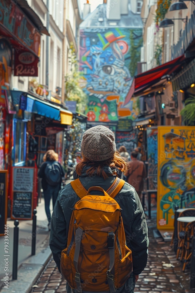 A teenager in a trendy cap and backpack, exploring a vibrant city street filled with street art and cafes