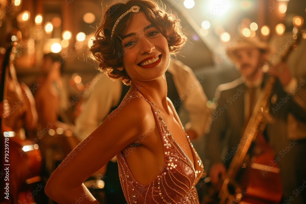 A woman in a flapper dress dancing at a 1920s themed party, with a jazz band playing in the background