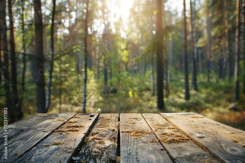 Beautiful blurred boreal forest background view with empty rustic wooden table for mockup product display. Picnic table with customizable space on table-top for editing. Flawless - generative ai