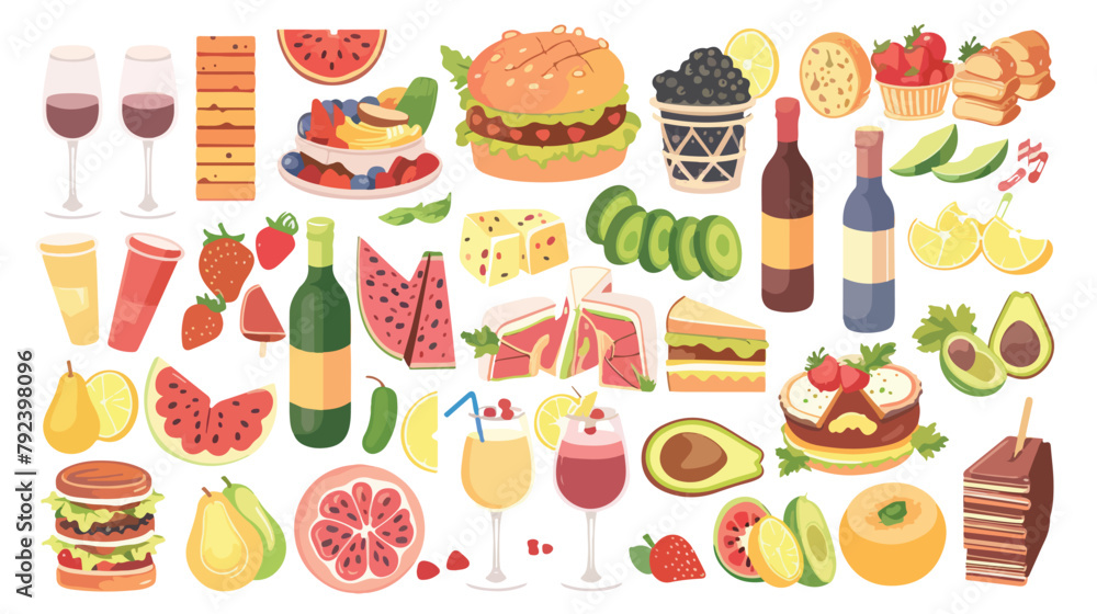 Set of different picnic food and drinks snacks frui