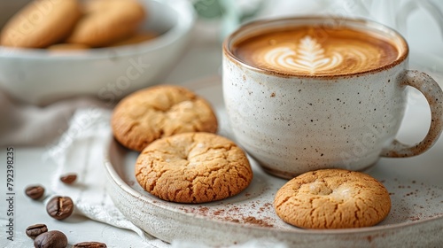 cup of espresso and cookies on a white table illustration photo