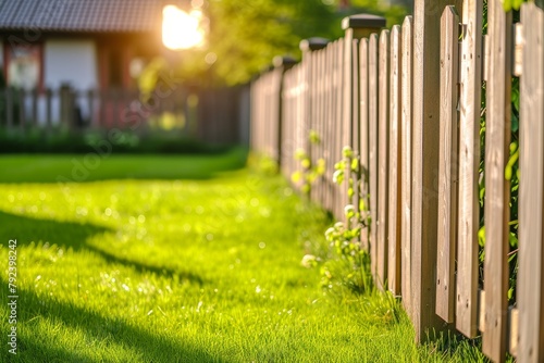 New wooden fence with green lawn around house in street photo nobody focused