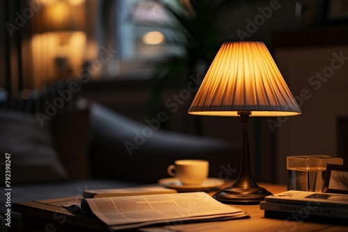 Newspapers and lamp on table in dim room
