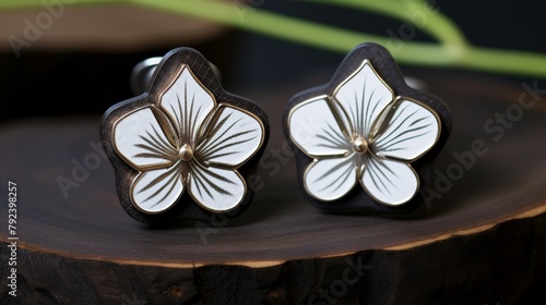 Elegant cuff links adorned with soft white lily designs, presented on a dark leather surface for a sophisticated advertising look