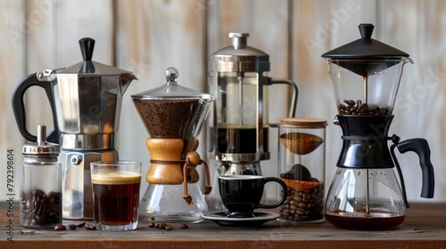 An assortment of coffee brewing equipment, including a French press, pour-over dripper, and espresso machine, ready for home brewing.