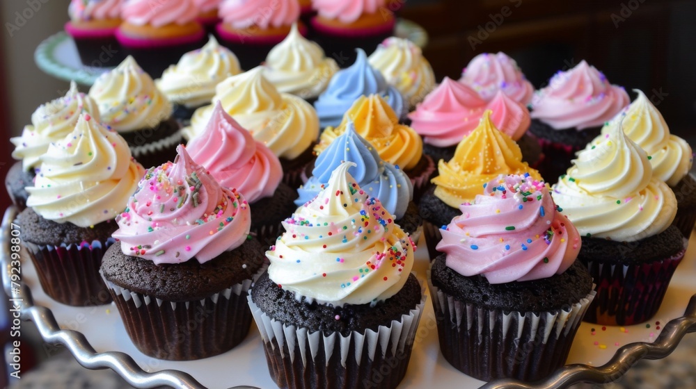 An assortment of colorful cupcakes arranged on a platter, each one topped with swirls of buttercream frosting and sprinkles.