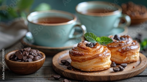 green cup of tea with mini chocolate bun puff pastry on old wooden table tasty tea break concept copy space illustration