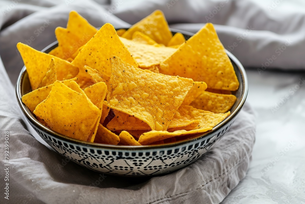 One yellow corn tortilla chip pulled from cheese covered nachos on tablecloth One yellow corn tortilla chip pulled from cheese covered nachos on tablecloth