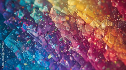 A vibrant multicolored spectrum of pollen particles resembling a prismatic rainbow captured under the lens of a microscope.