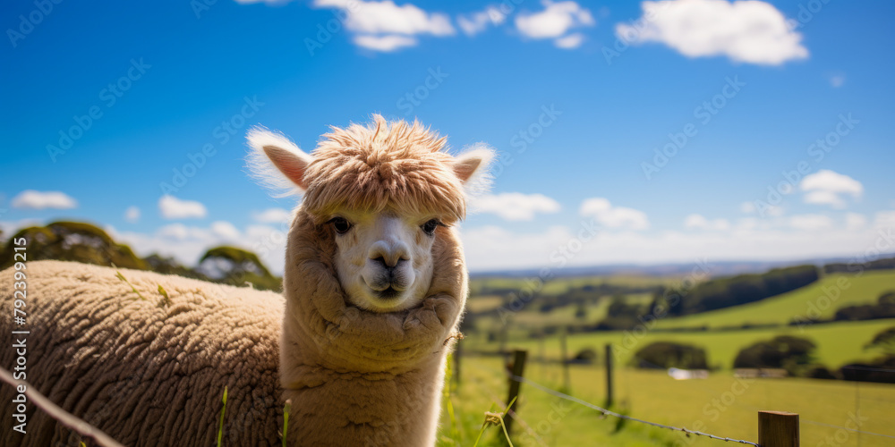 Fototapeta premium A alpaca with a fluffy white hat is standing in a field