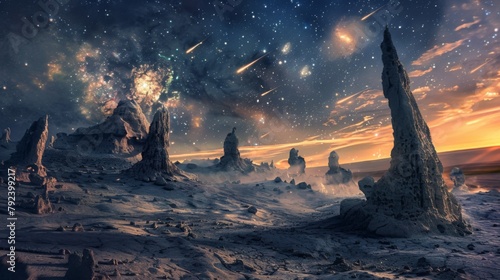 An otherworldly alien landscape with bizarre rock formations, illuminated by a meteor shower and gentle rainfall.