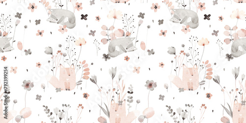 Cute animals in a flower meadow. Watercolor seamless pattern. Creative childish background for fabric, textile, nursery wallpaper. Hand drawn illustration.