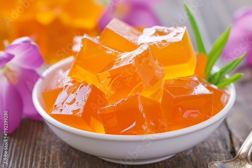 Orange jelly made from sweet homemade gelatin dessert with natural berries perfect for kids and adults photo