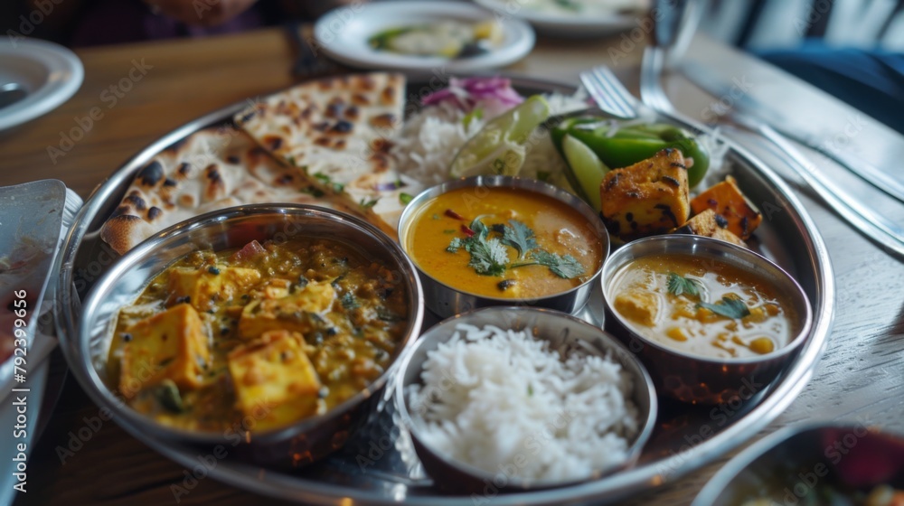 Artistically arranged vegetarian thali showcasing a variety of flavorful dishes, from dal to paneer tikka.