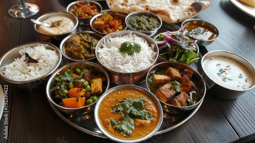 Artistically arranged vegetarian thali showcasing a variety of flavorful dishes, from dal to paneer tikka.