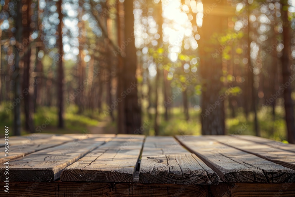 Beautiful blurred boreal forest background view with empty rustic wooden table for mockup product display. Picnic table with customizable space on table-top for editing. Flawless - generative ai