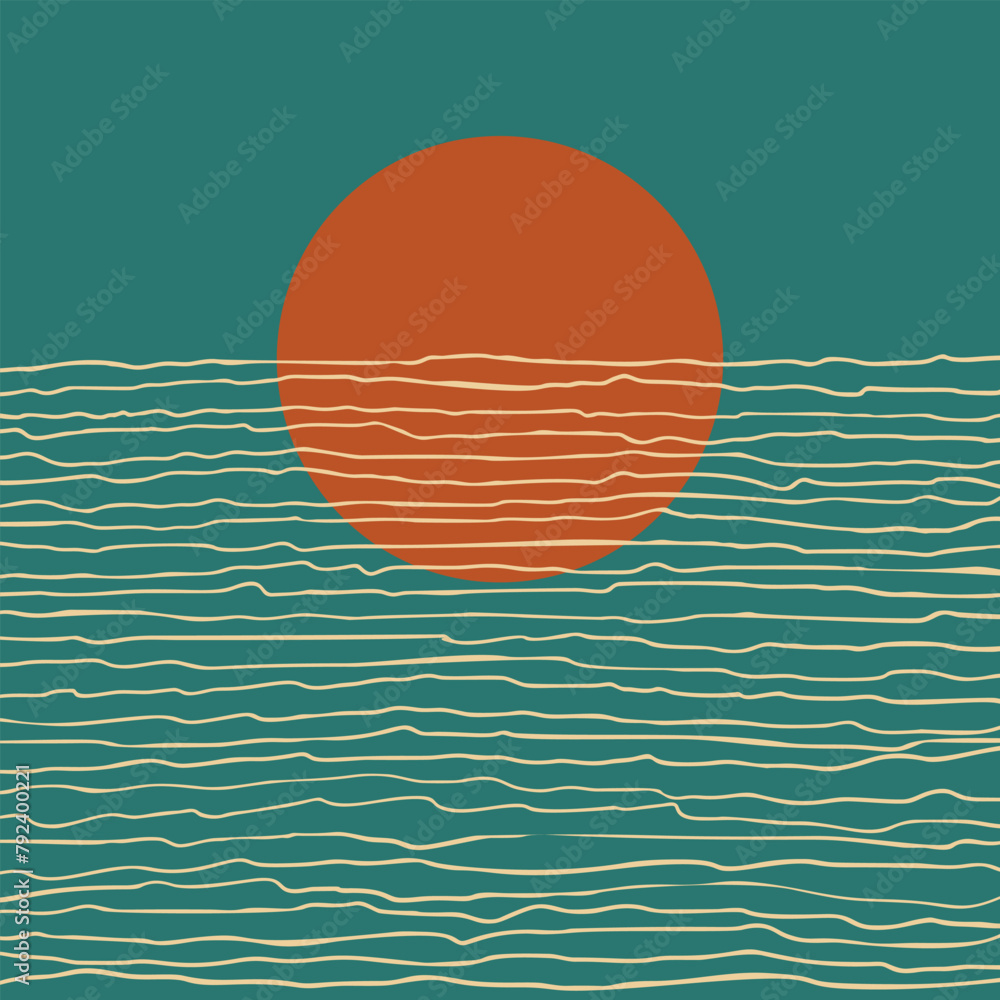 Sunset abstract vector illustration, Sun setting over the sea horizon ...