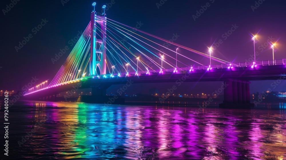 Naklejka premium Bridge festooned with vibrant LED lights, creating a mesmerizing spectacle against the backdrop of the night sky.
