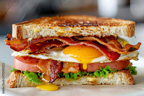 A sandwich with bacon, egg, and cheese displayed on a white surface © Emanuel