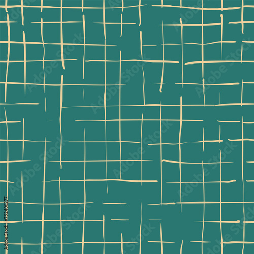 Seamless checkered pattern, hand drawn uneven and interrupted lines intersecting each other on a teal color background