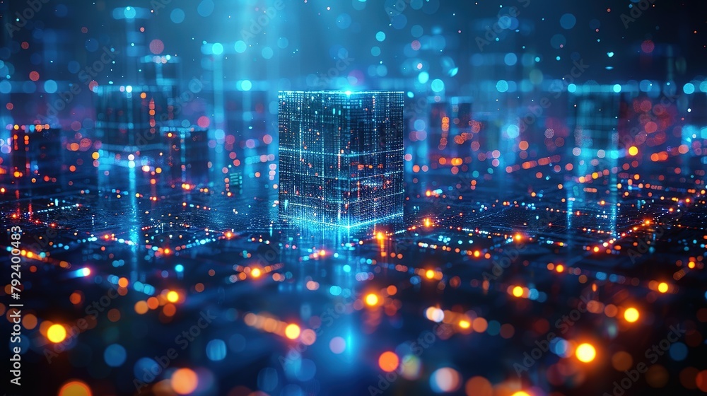 Fototapeta premium Abstract Cityscape: Digital Twin of Urban Center Illuminated in Blue