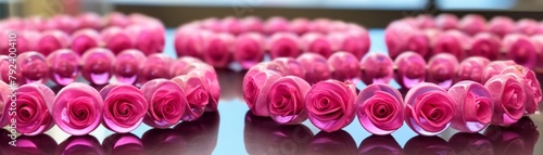 Chic display of colored stone bracelets with deep pink roses  arranged on a reflective glass surface for a sophisticated advertisement