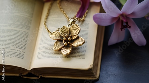 Chic and sentimental antique gold locket pendant featuring an orchid flower, styled on an antique book to enhance its vintage charm