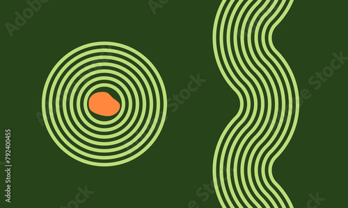 wave and circles, river and pond abstract, meditation zen garden top view or life balance vector illustration