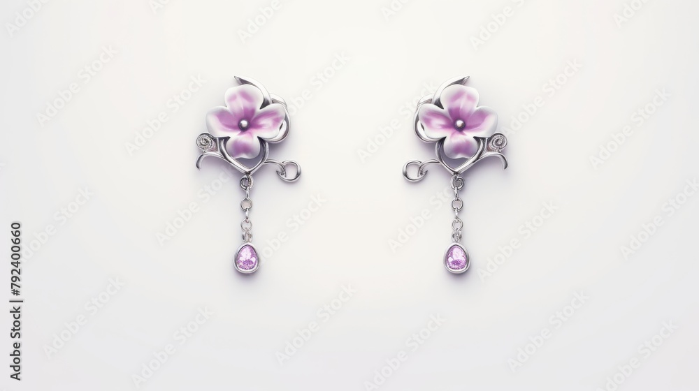 Chic and elegant silver earrings with sparkling stones and orchid details, styled on a glossy white surface for a clean, modern look Chic and elegant silver earrings with sparkling stones and orchid details, styled on a glossy white surface for a clean, modern look
