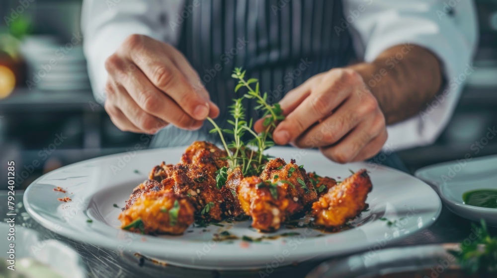 Chef garnishing a plate of fried chicken with fresh herbs, adding a touch of elegance to a classic dish.