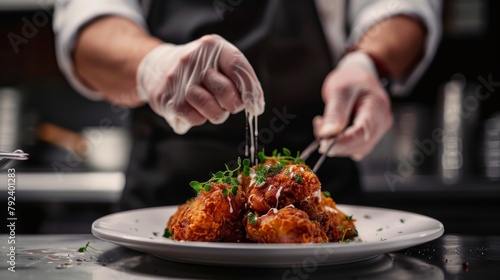 Chef garnishing a plate of fried chicken with fresh herbs, adding a touch of elegance to a classic dish.