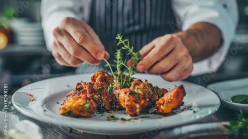 Chef garnishing a plate of fried chicken with fresh herbs, adding a touch of elegance to a classic dish.