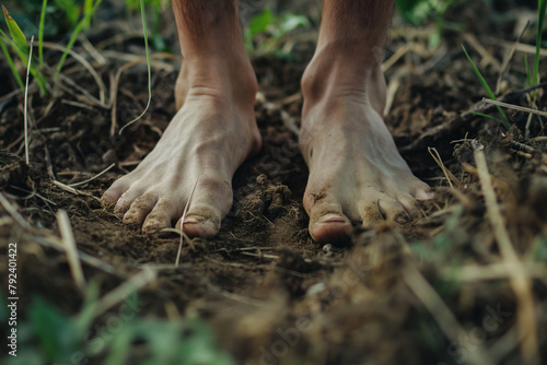 Dirty bare feet standing on soil